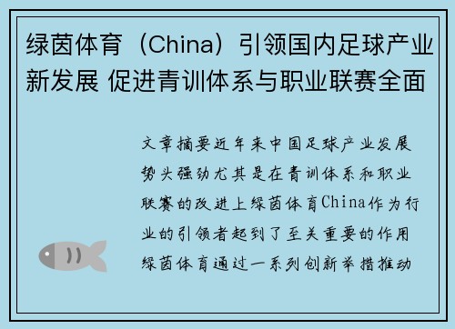 绿茵体育（China）引领国内足球产业新发展 促进青训体系与职业联赛全面升级